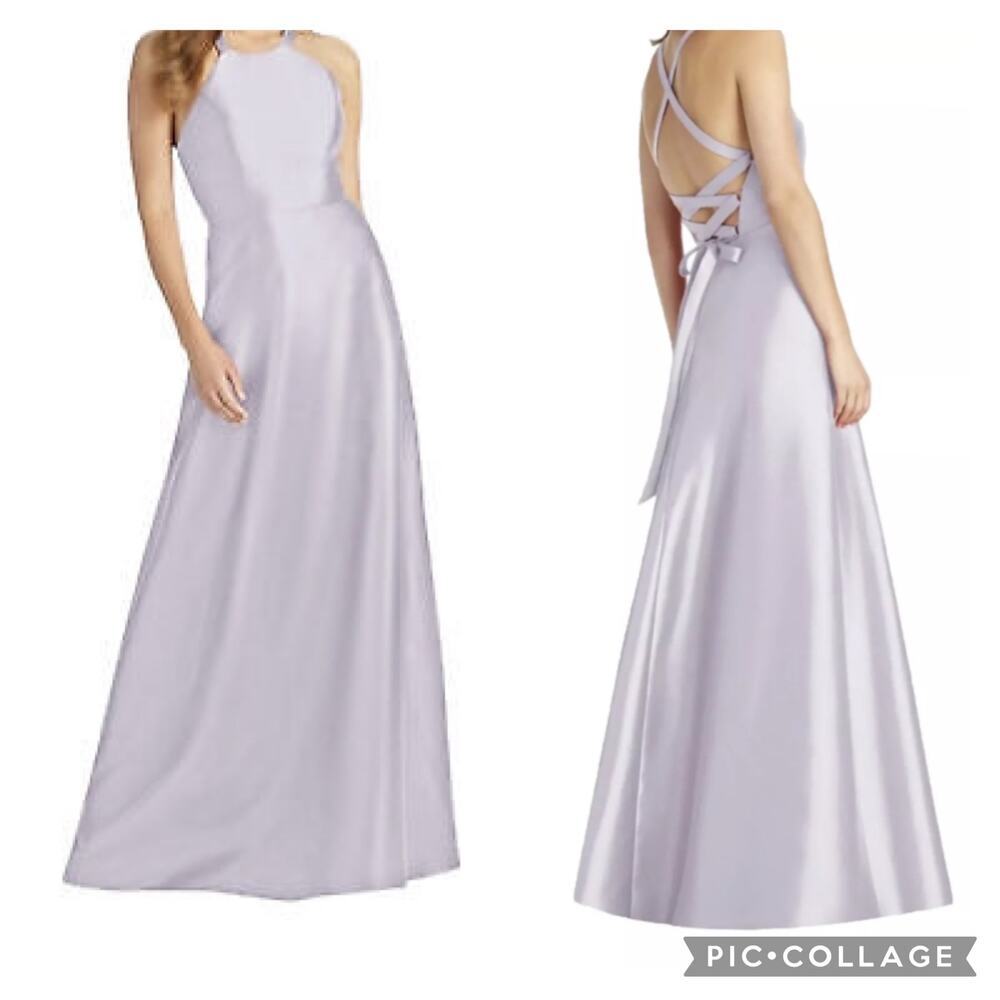 Alfred Sung D763 Halter Crisscross Lace-Up Back Satin Long Dress Moondance Sz 6